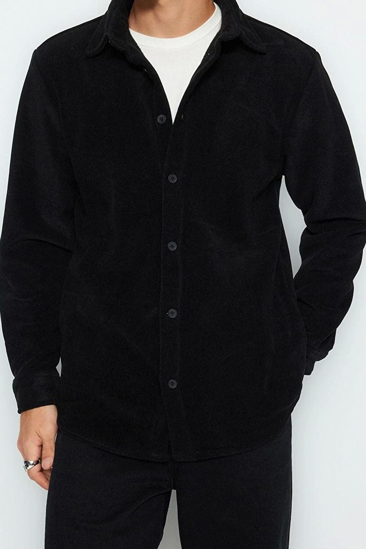 Moda Gömlek Yaka Düz Uzun Kol Unisex Regular Fit Yan Cepli Polar Kalın Kışlık Rahat Gömlek Ceket
