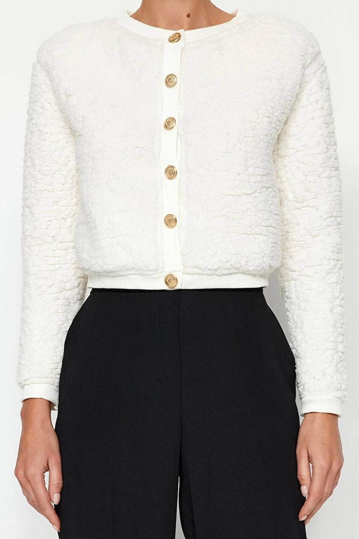 Kadın Moda Şık Crop Düğmeli Yaka Uzun Kol Düz Gold Düğmeli Peluş Crop Örme Hırka