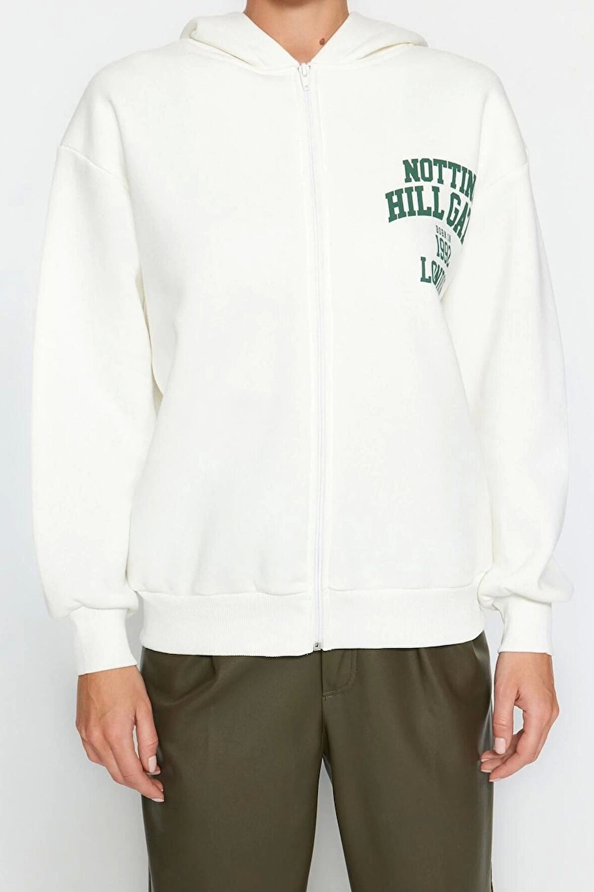 Kadın Moda Şık Bol Kapüşonlu Düşük Kol Uzun Sırt Baskılı Fermuarlı Kalın İçi Polarlı Örme Sweatshirt