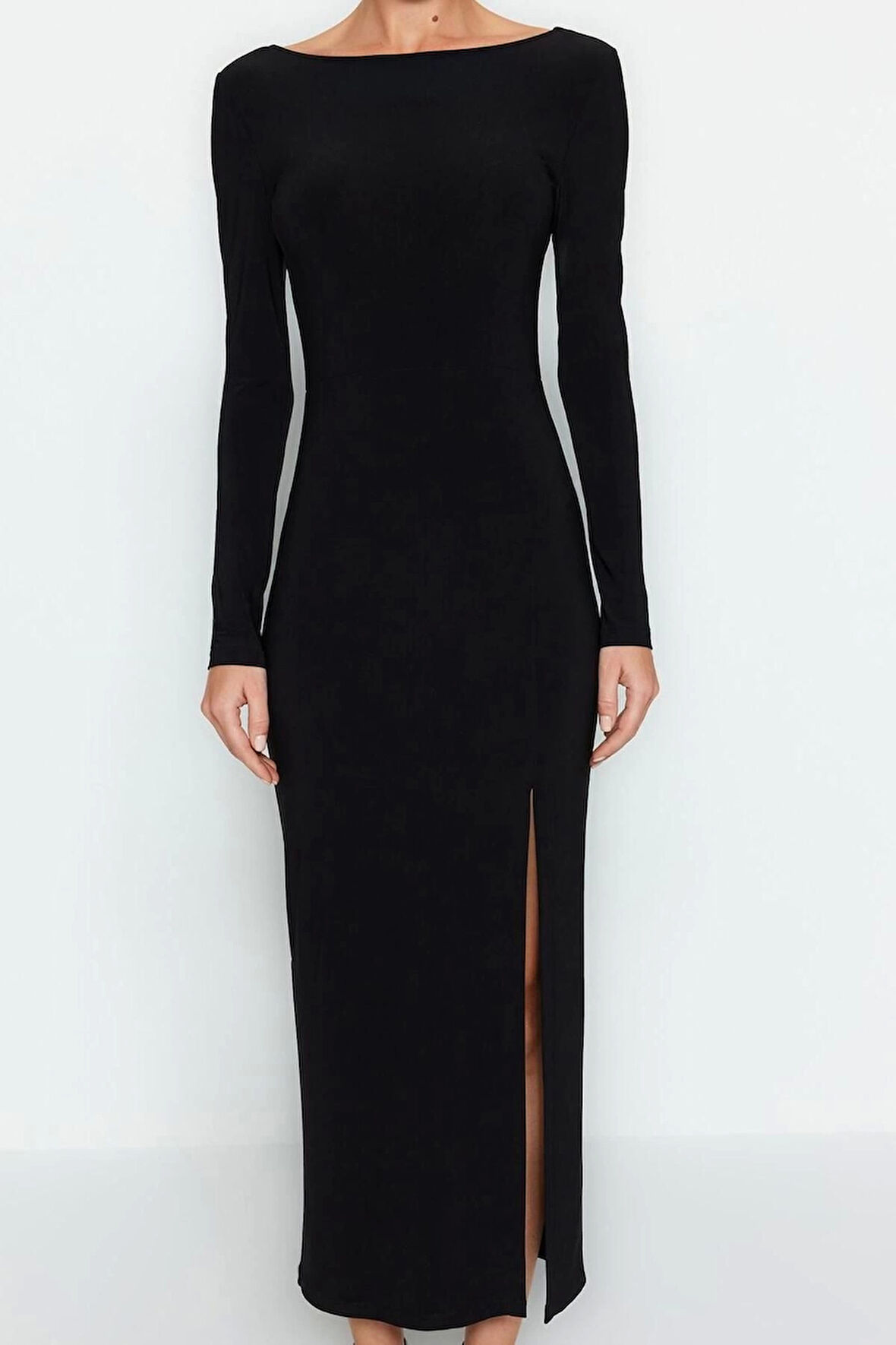 Kadın Moda Şık Maxi Boy Kayık Yaka Slim Düz Bodycone Sırt Baskılı Örme Elbise Vücuda Oturan Esnek