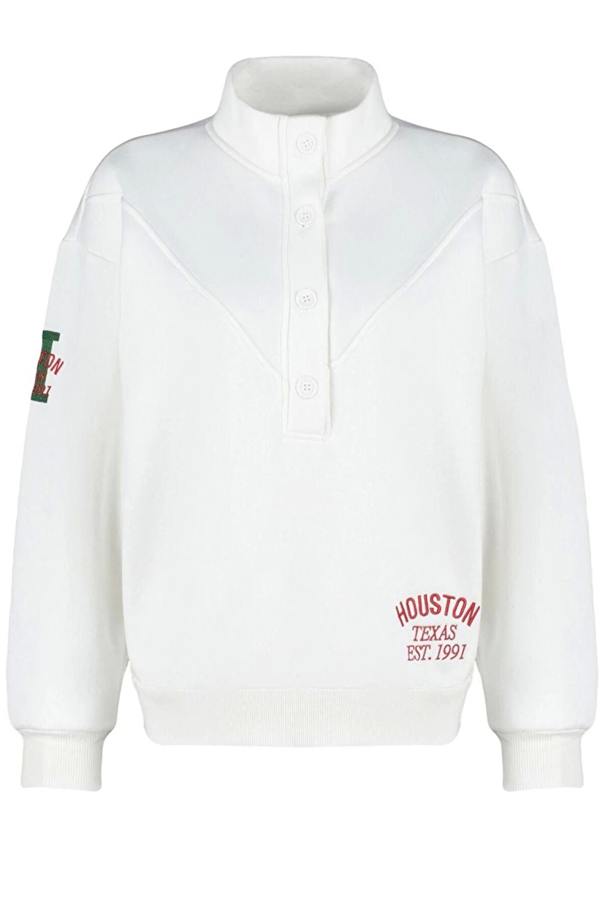 Kadın Regular Dik Yaka Standart Kol Regular Kalın İçi Polarlı Nakış ve Düğme Detaylı Örme Sweatshirt