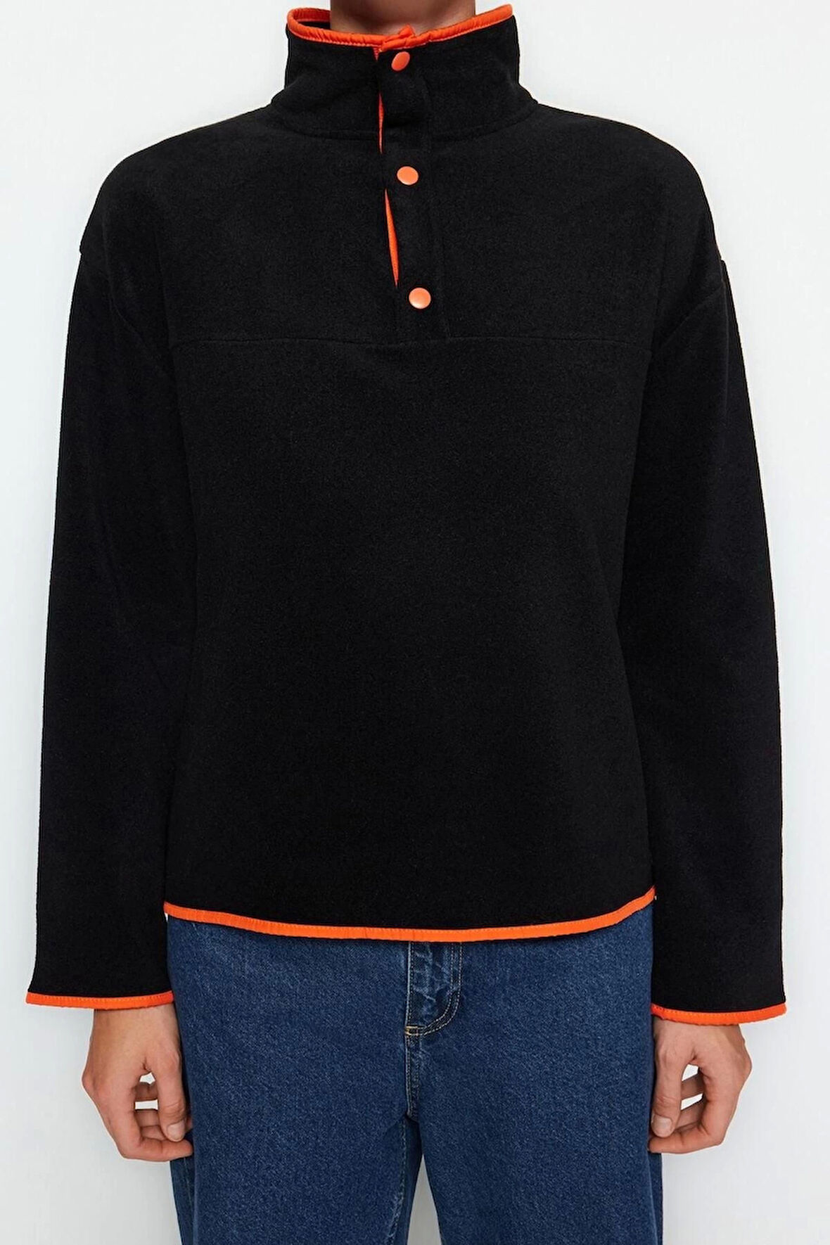 Kadın Moda Şık Regular Dik Yaka Düşük Kol Regular Çıtçıtlı Normal Kalıp Cepli Polar Örme Sweatshirt
