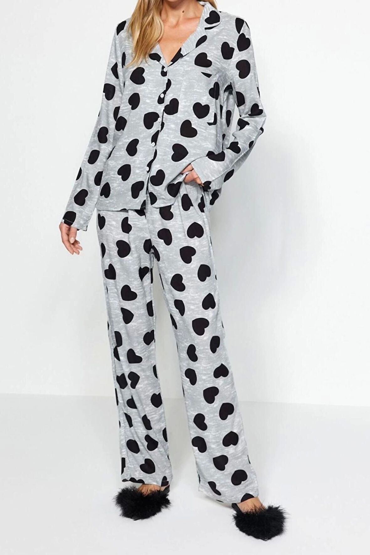 Kadın Viskon Gömlek Yaka Uzun Kol Kalpli Viskon Gömlek-Pantolon Dokuma Pijama Takımı