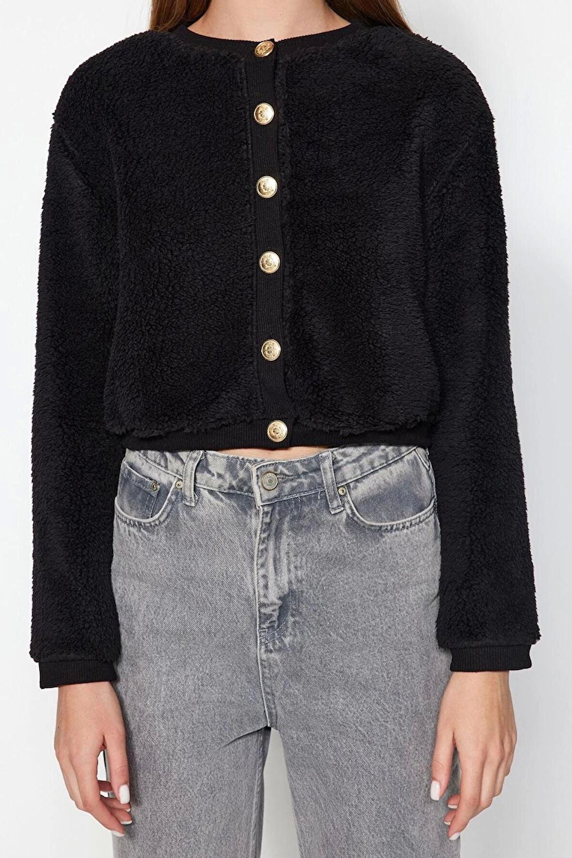 Kadın Moda Şık Crop Düğmeli Yaka Uzun Kol Düz Gold Düğmeli Peluş Crop Örme Hırka