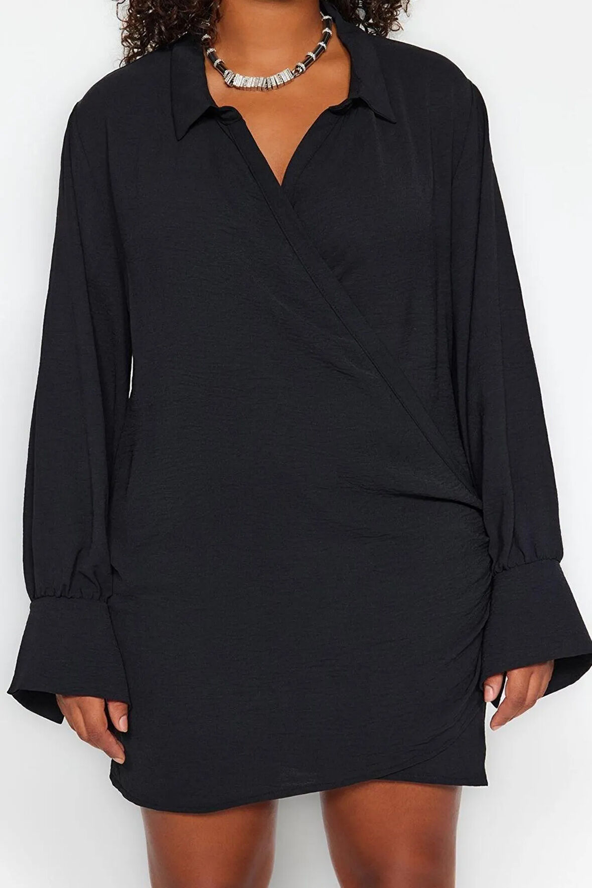 Yeni Fit Casual Günlük Aerobin Dokuma Kruvaze Uzun Kol Kruvaze Mini Boy Büyük Beden Elbise