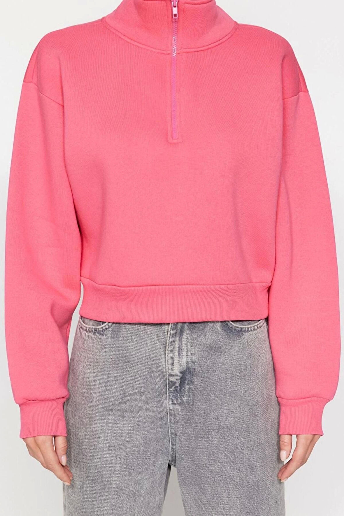 Kadın Fitted Fermuarlı Yaka Düşük Kol Crop Rahat Kesim Crop Fermuarlı Kalın Polarlı Örme Sweatshirt