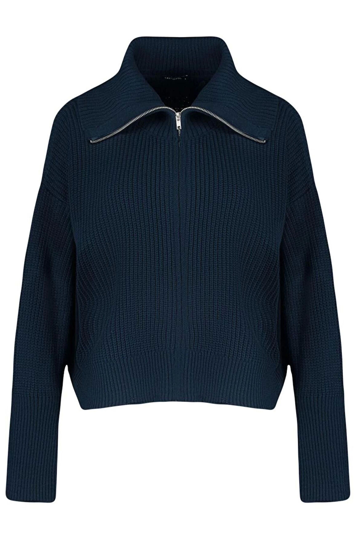 Kadın Moda Şık Regular Devrik Yaka Uzun Kol Düz Geniş Kalıp Devrik Yaka Fermuarlı Triko Hırka