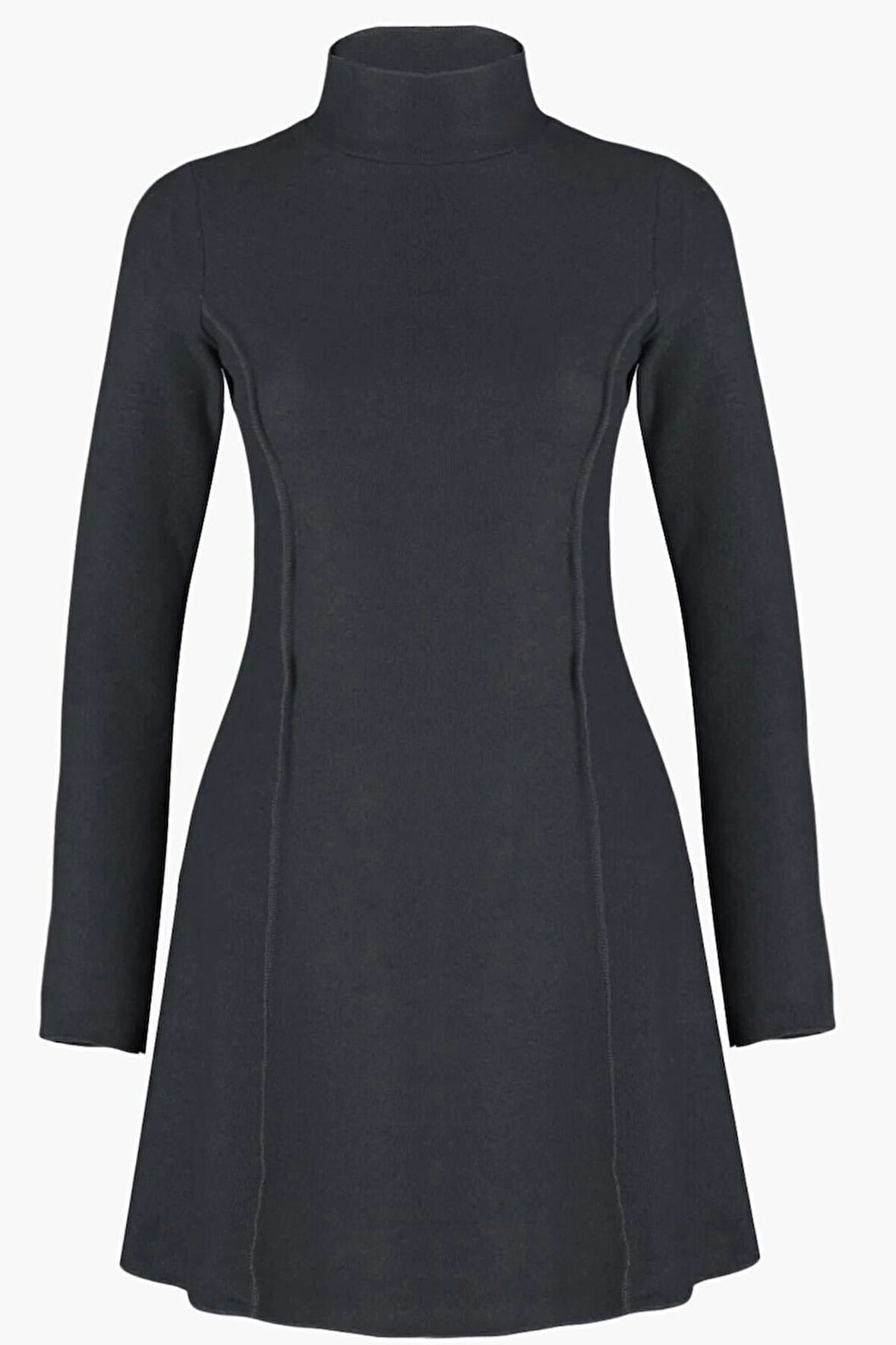 Kadın Moda Şık Mini Boy Dik Yaka Regular Dikiş Detaylı Selanik Örme Elbise