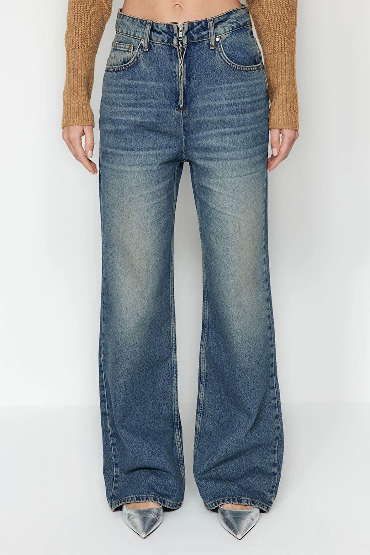 Kadın Moda Şık Kot Pantolon Geniş Paça Uzun Boy Denim Yüksek Bel Jeans
