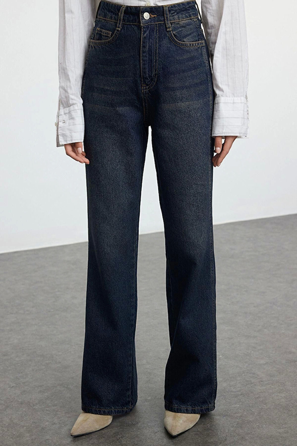 Kadın Moda Şık Kot Pantolon Geniş Paça Uzun Boy Denim Yüksek Bel Jeans