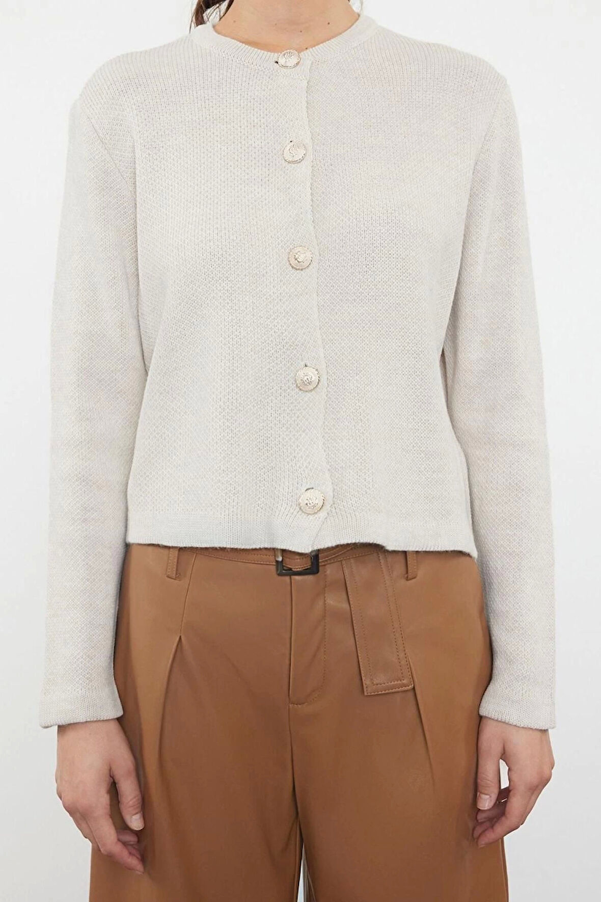 Kadın Moda Şık Regular Bisiklet Yaka Regular Basic Ceket Görünümlü Triko Hırka