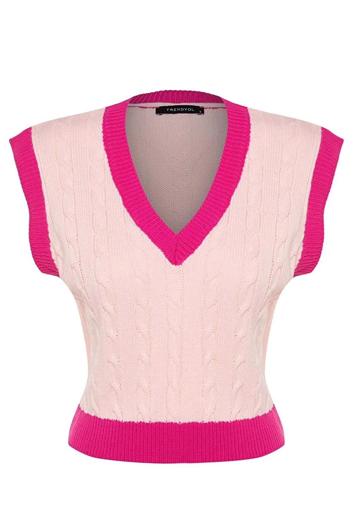 Kadın Moda Şık Crop V Yaka Kolsuz Renk Bloklu Crop Triko Süveter