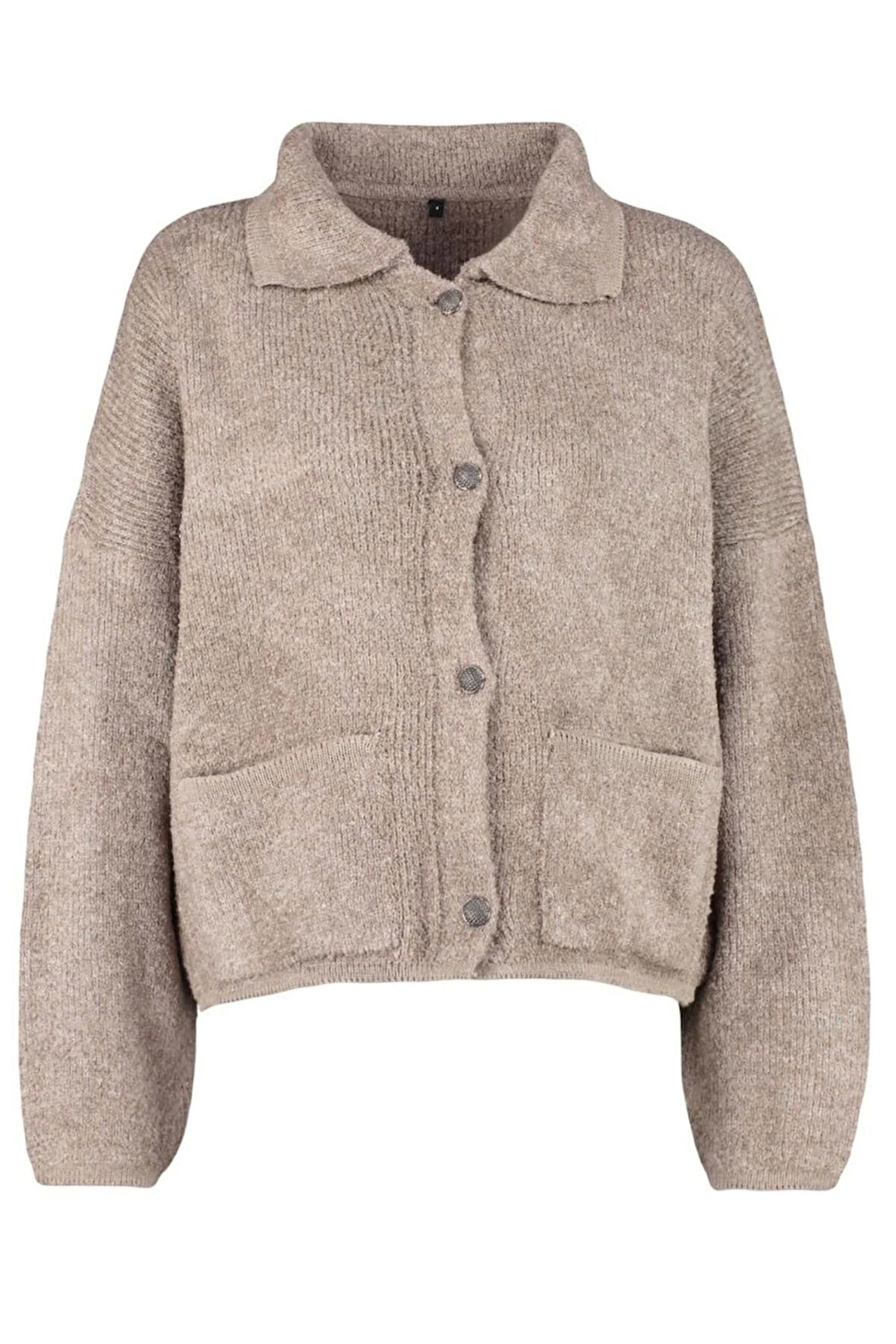 Kadın Moda Şık Regular Polo Yaka Oversize Süper Geniş Kalıp Polo Yaka Buklet Triko Hırka