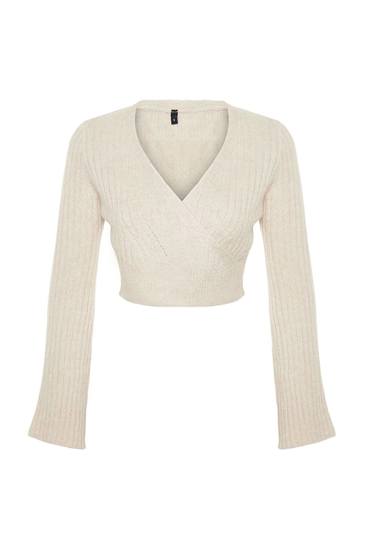 Kadın Moda Şık Kruvaze Standart Kol Crop Yumuşak Dokulu Triko Kazak