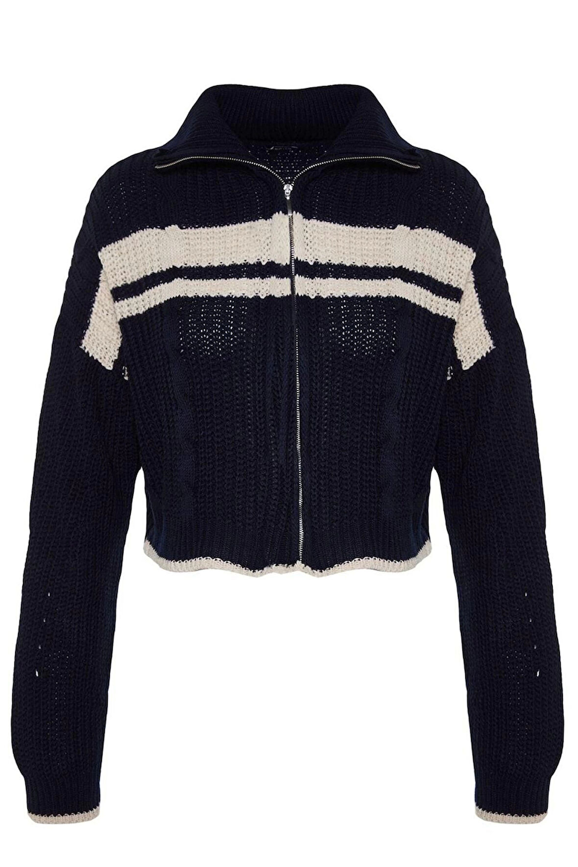 Kadın Moda Şık Regular Dik Yaka Uzun Kol Renk Bloklu Crop Dik Yaka Triko Hırka