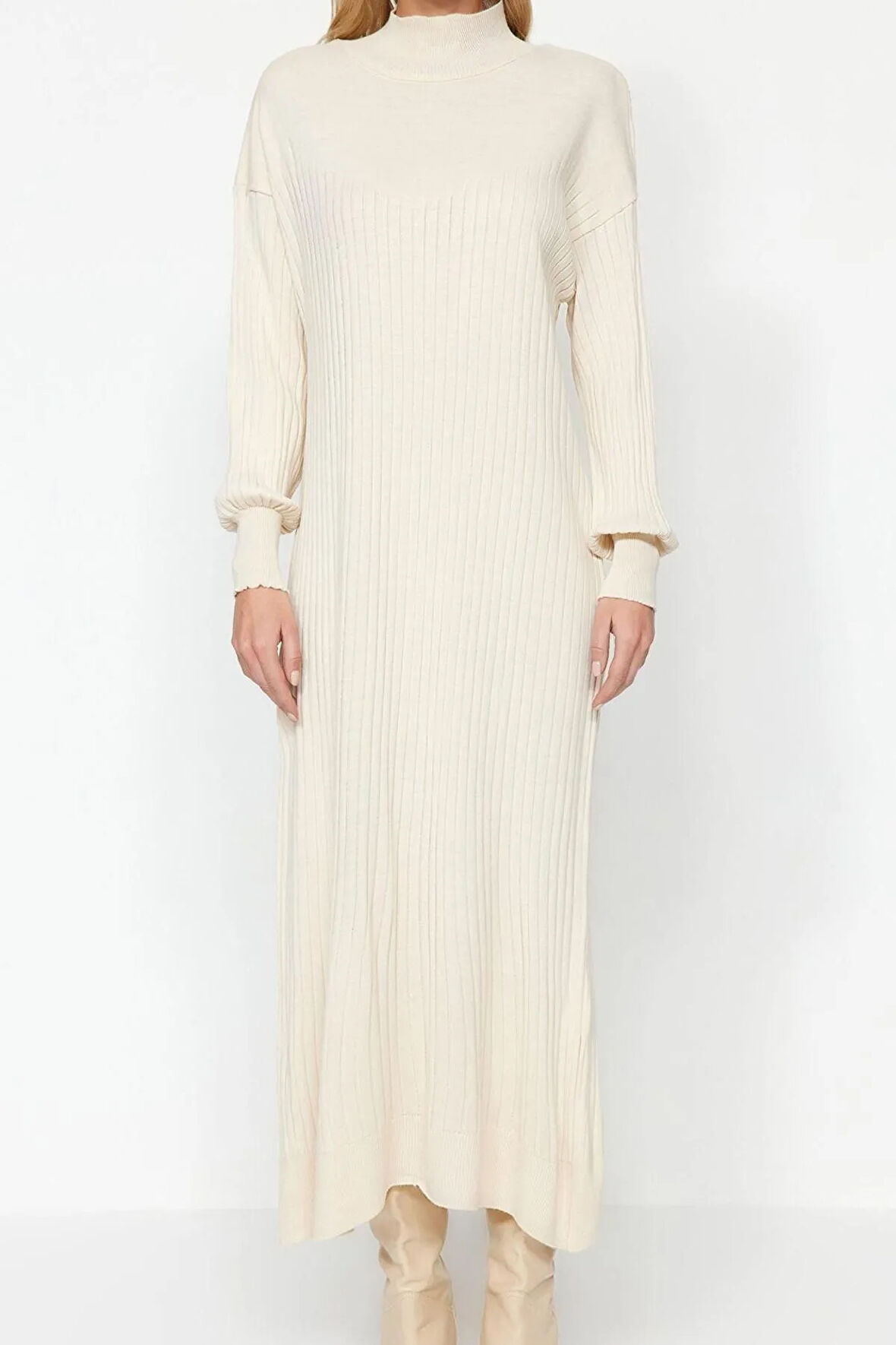 Yeni Regular Günlük Ribana Kaşkorse Triko Bisiklet Yaka Uzun Kol Shift Maxi Boy Tesettür Elbise