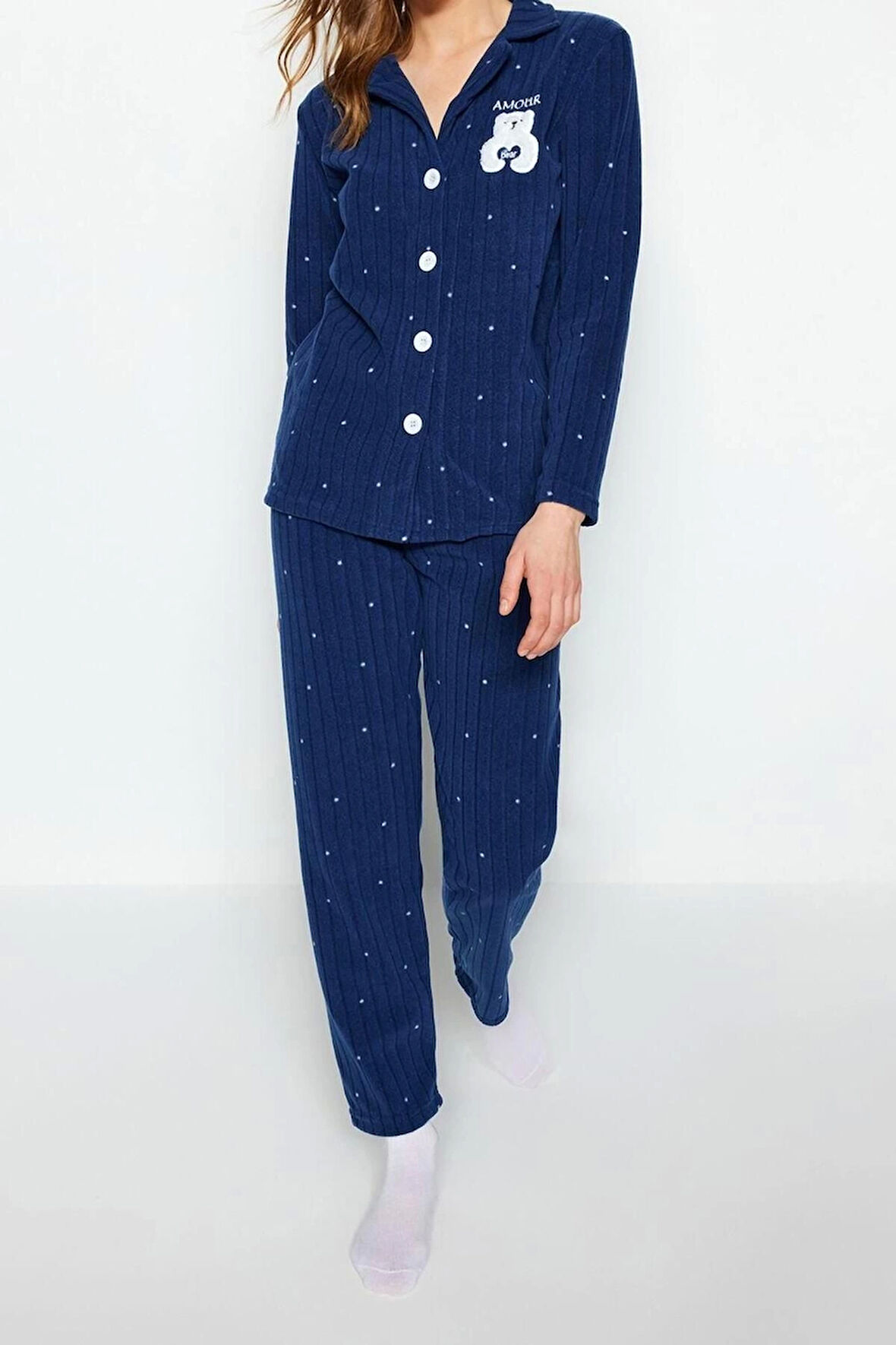 Kadın Moda Gömlek Yaka Boru Paça Uzun Kol Puantiyeli Hayvan Baskılı Polar Kışlık Örme Pijama Takımı