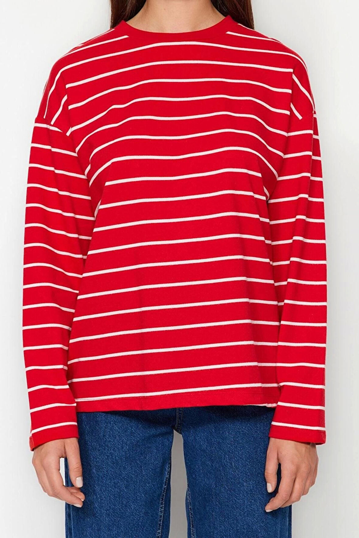Kadın Moda Şık Oversize Bisiklet Yaka Düşük Kol Uzun Çizgili Geniş Kesim İnce Örme Sweatshirt