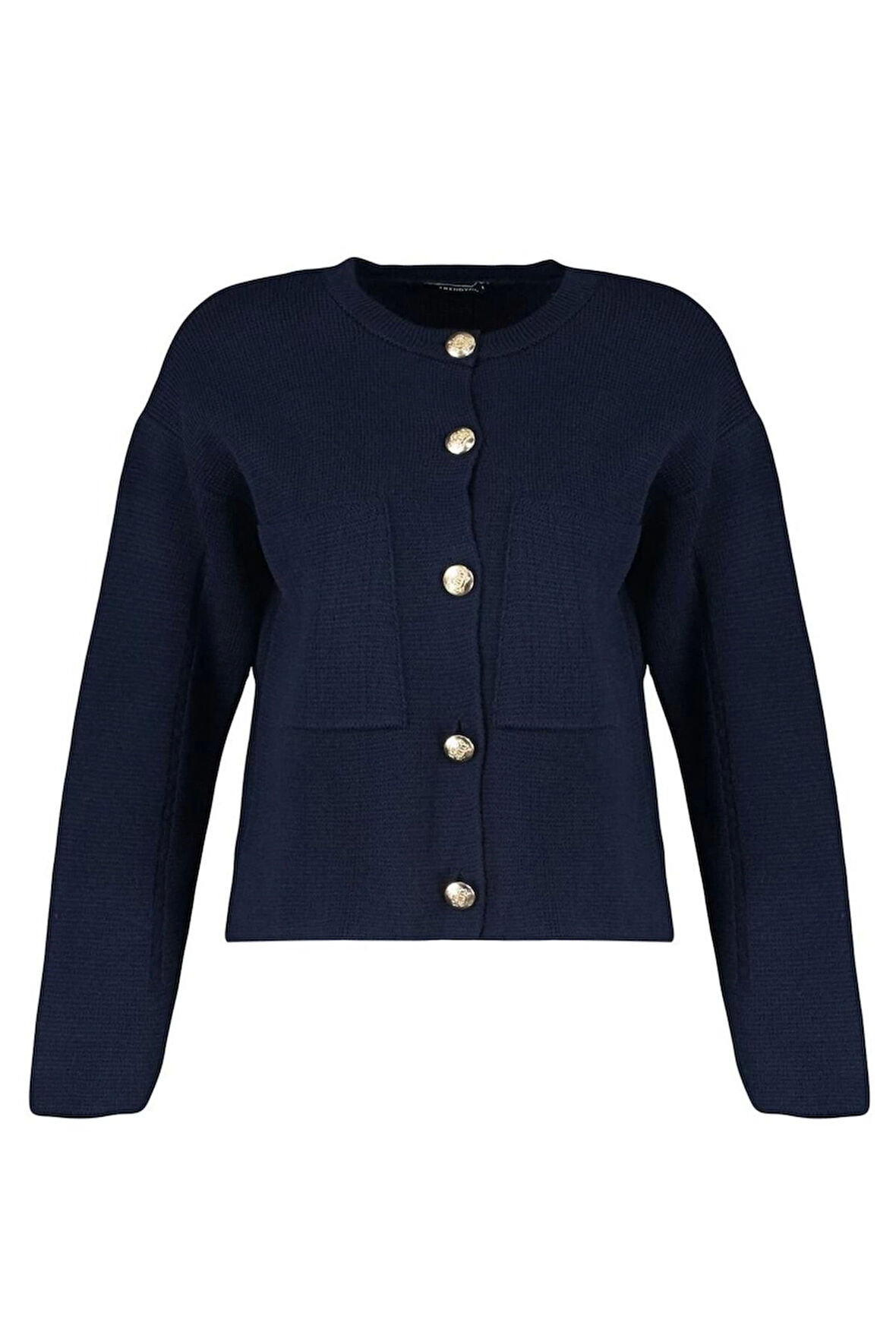 Kadın Moda Şık Regular Bisiklet Yaka Uzun Kol Düz Düğme Detaylı Ceket Görünümlü Triko Hırka