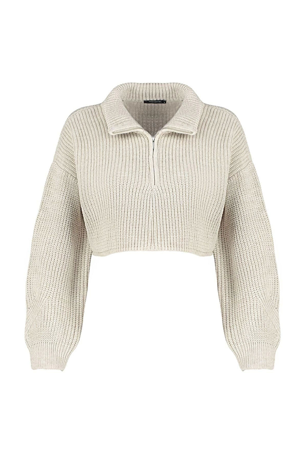 Kadın Moda Şık Dik Yaka Standart Kol Crop Süper Fermuarlı Triko Kazak