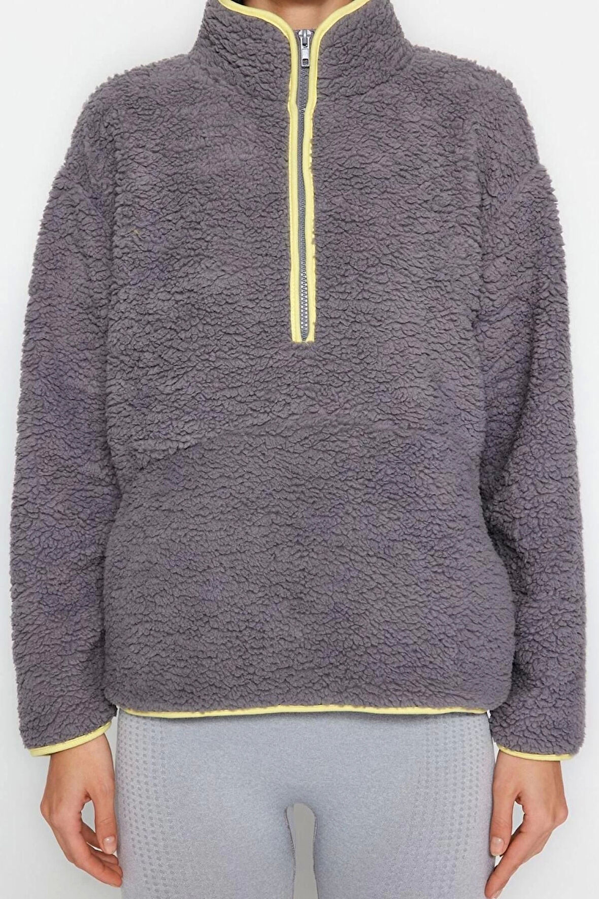 Kadın Moda Şık Regular Dik Yaka Düşük Kol Regular Peluş Örme Spor Sweatshirt