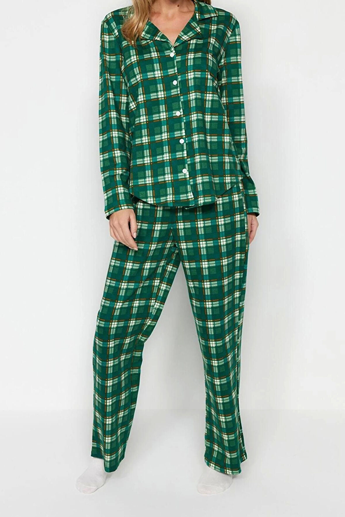 Kadın Moda Şık Gömlek Yaka Boru Paça Uzun Kol %100 Pamuk Ekoseli Gömlek-Pantolon Örme Pijama Takımı