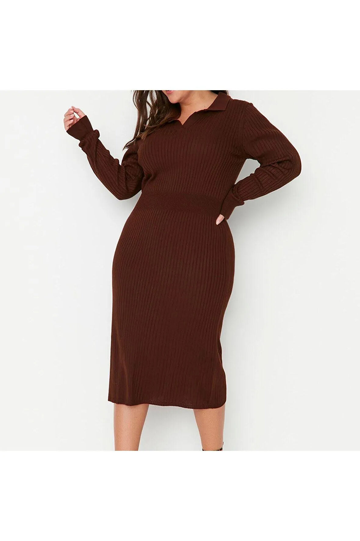 Yeni Fit Casual Günlük Fitilli Triko Polo Yaka Uzun Kol Bodycone Midi Boy Büyük Beden Elbise