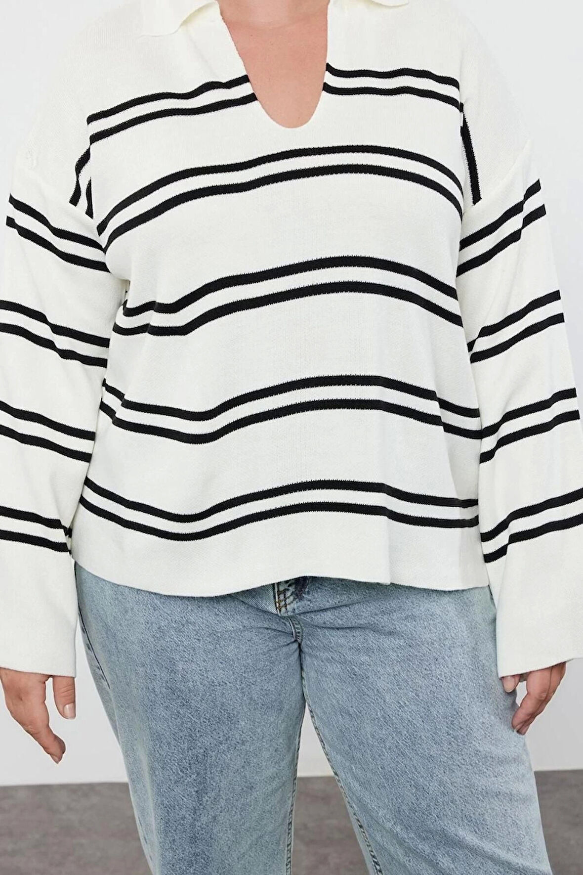 Kadın Büyük Beden Moda Şık Regular Polo Yaka Uzun Kol Çizgili Triko Kazak