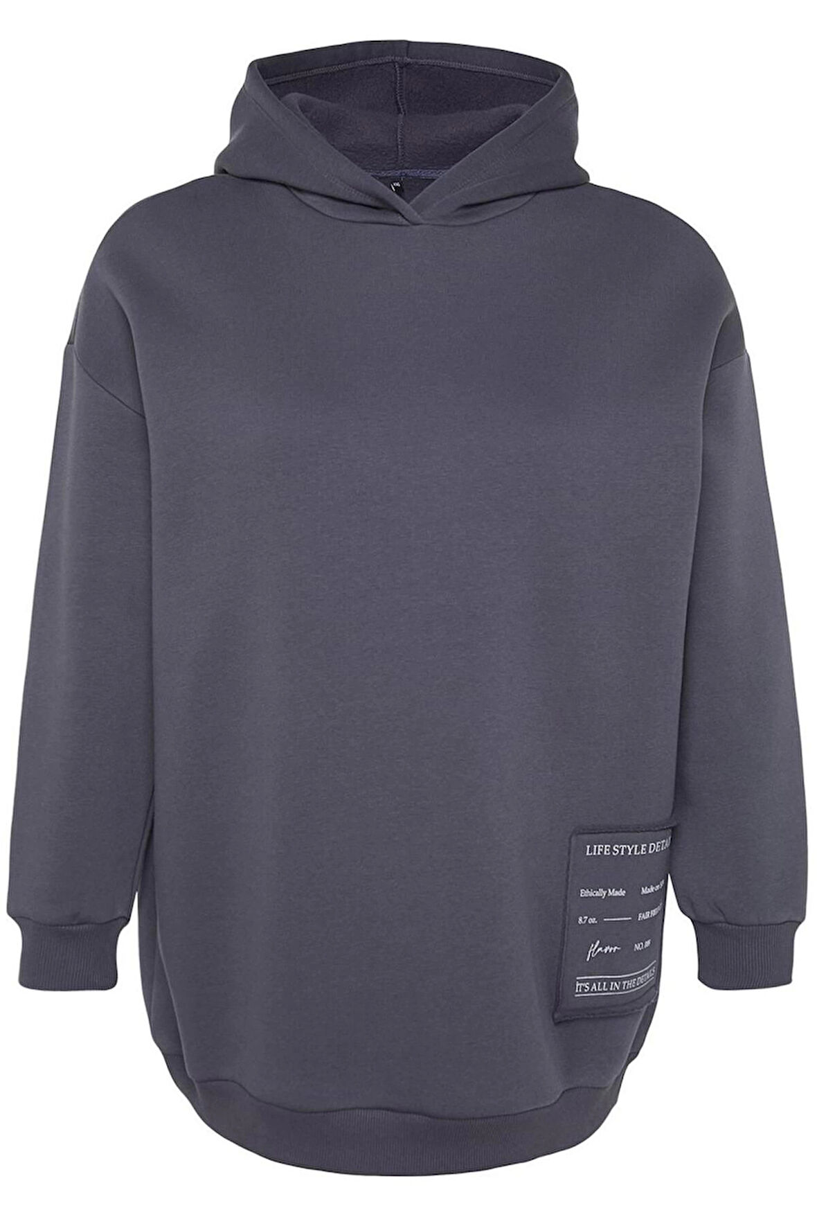 Kadın Büyük Beden Relaxed Kapüşonlu Düşük Kol Regular Slogan Detaylı İçi Polar Kalın Örme Sweatshirt