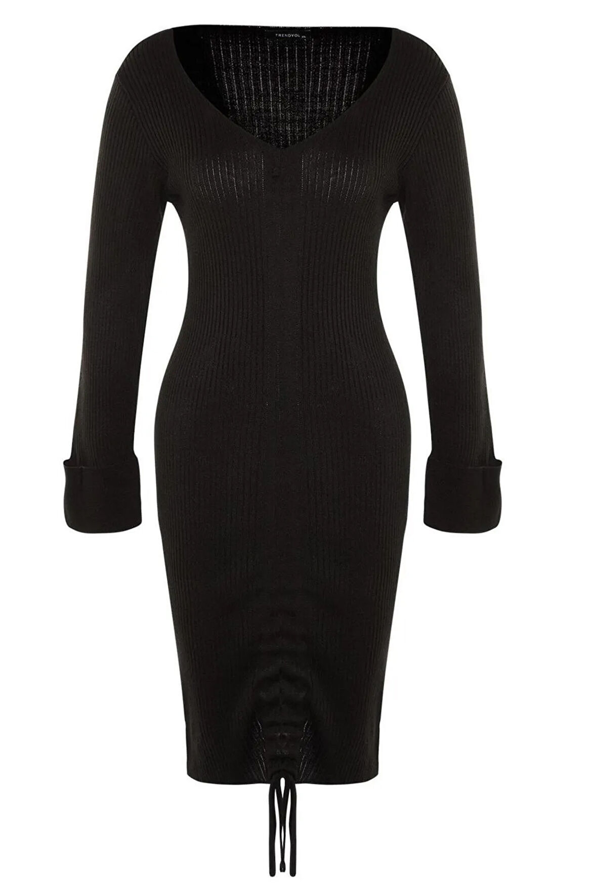 Yeni Fit Casual Günlük Fitilli Triko V Yaka Uzun Kol Bodycone Mini Boy Büyük Beden Elbise