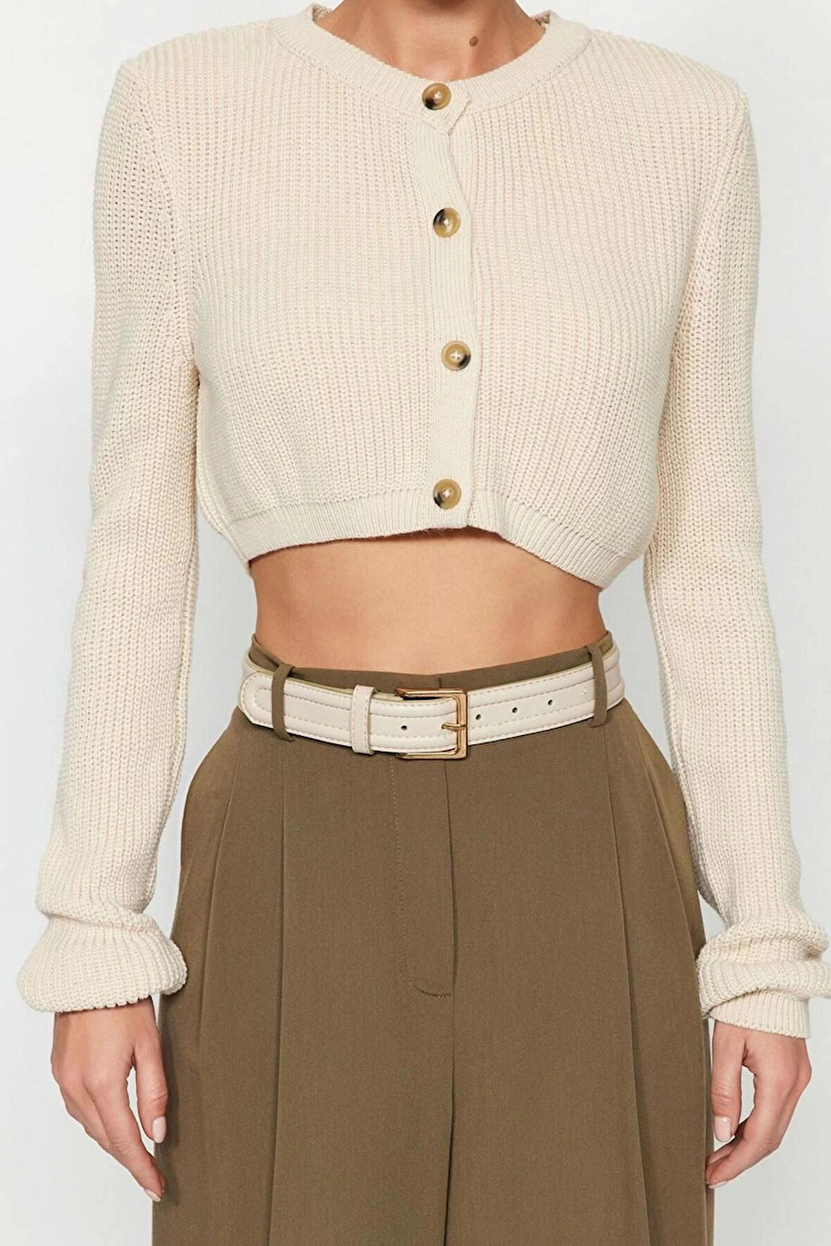 Kadın Moda Şık Crop Bisiklet Yaka Uzun Kol Düz Süper Crop Basic Triko Hırka