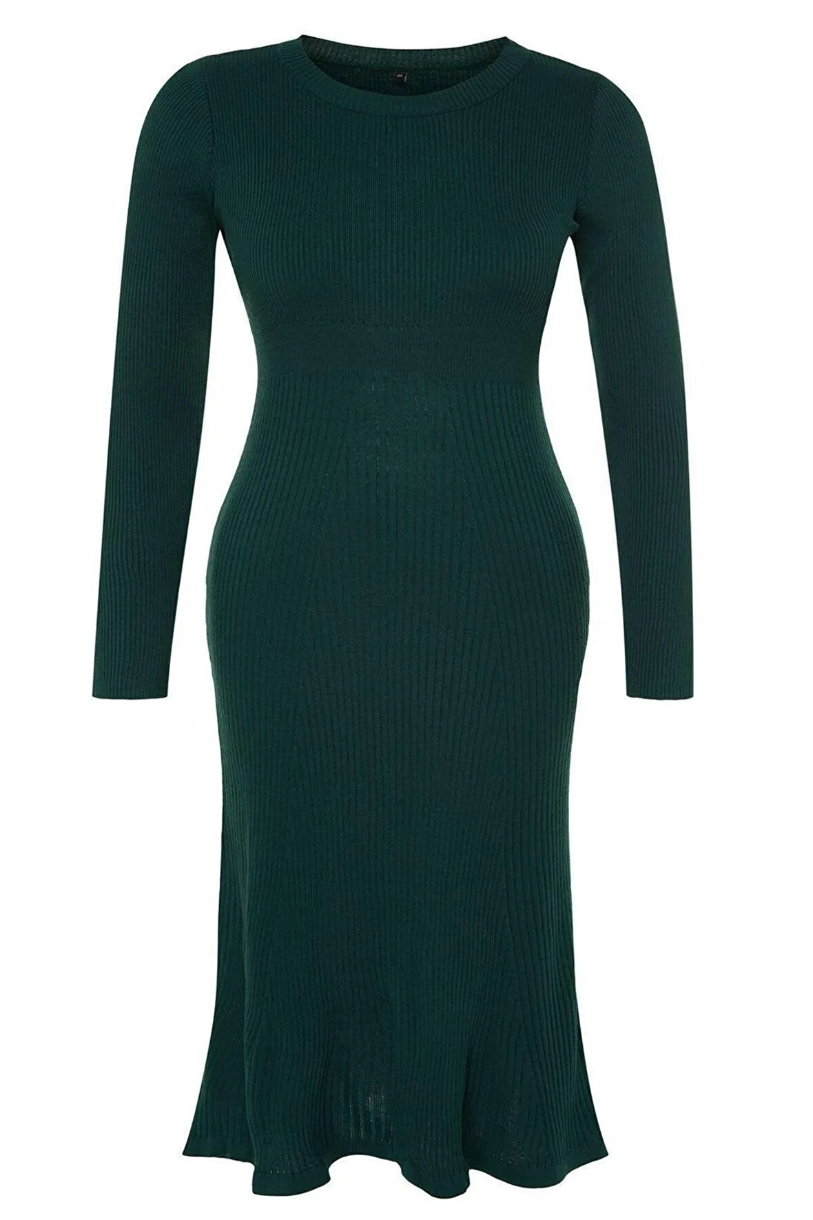 Yeni Fit Casual Günlük Fitilli Triko Bisiklet Yaka Uzun Kol A-Line Midi Boy Büyük Beden Elbise