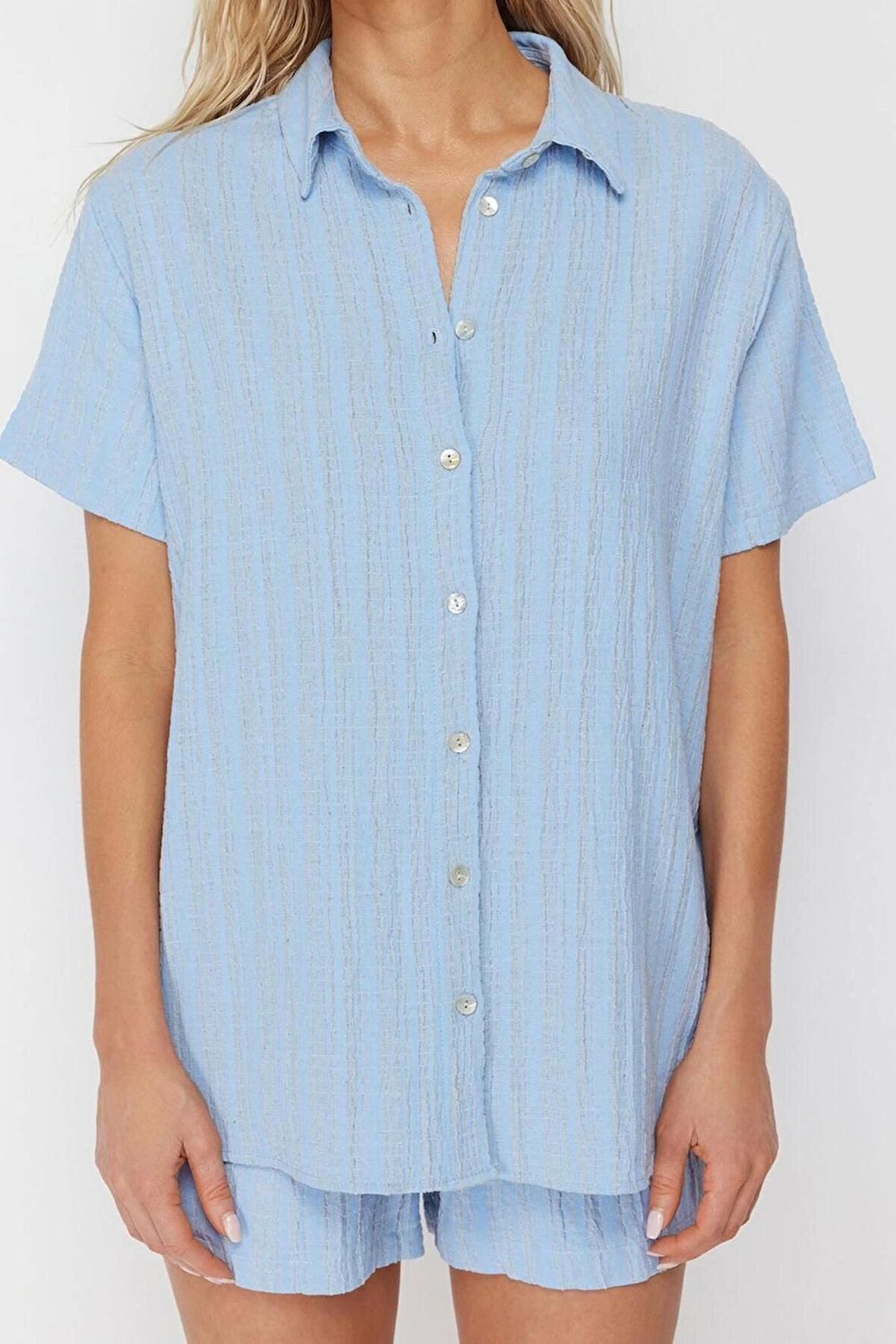 Kadın Moda Şık Regular Kısa Boy Uzun Kollu Dokuma Keten Karışımlı Gömlek Şort Takım