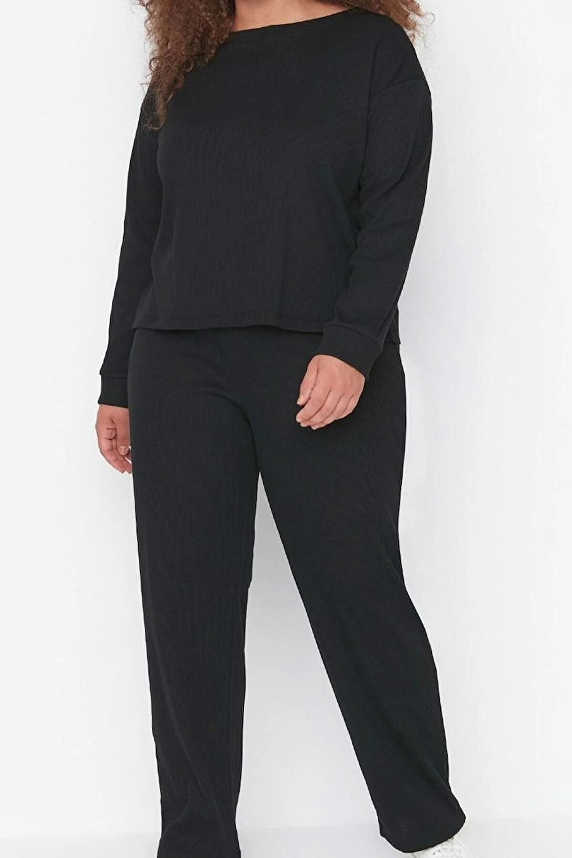 Kadın Moda Şık Büyük Beden Bisiklet Yaka Dar Paça Uzun Kol Pijama Takımı