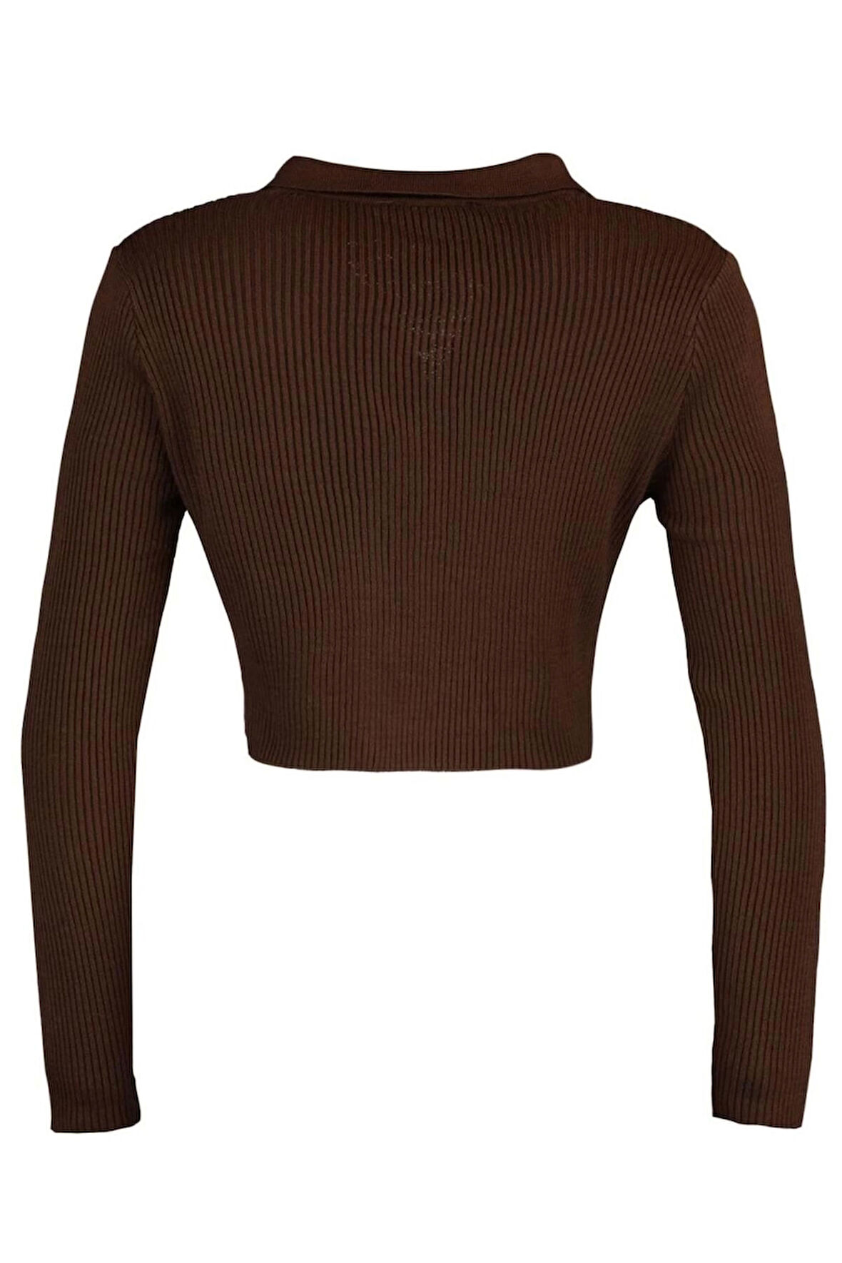 Kadın Moda Şık Crop Polo Yaka Uzun Kol Düz Crop Fermuarlı Triko Hırka