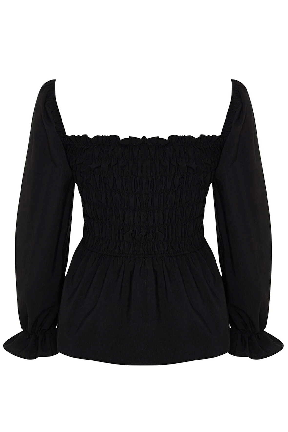 Kadın Moda Şık Büyük Beden Crop Kare Yaka Büzgülü/Fırfırlı Kol Fitted Kalıp Dokuma Gipeli Bluz