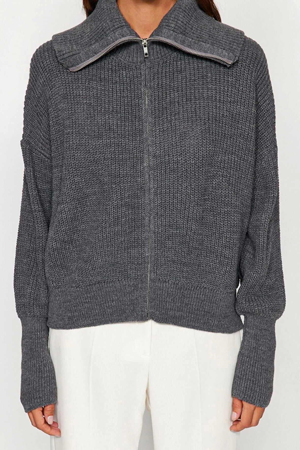 Kadın Moda Şık Regular Devrik Yaka Oversize Lacivert Geniş Kalıp Devrik Yaka Fermuarlı Triko Hırka