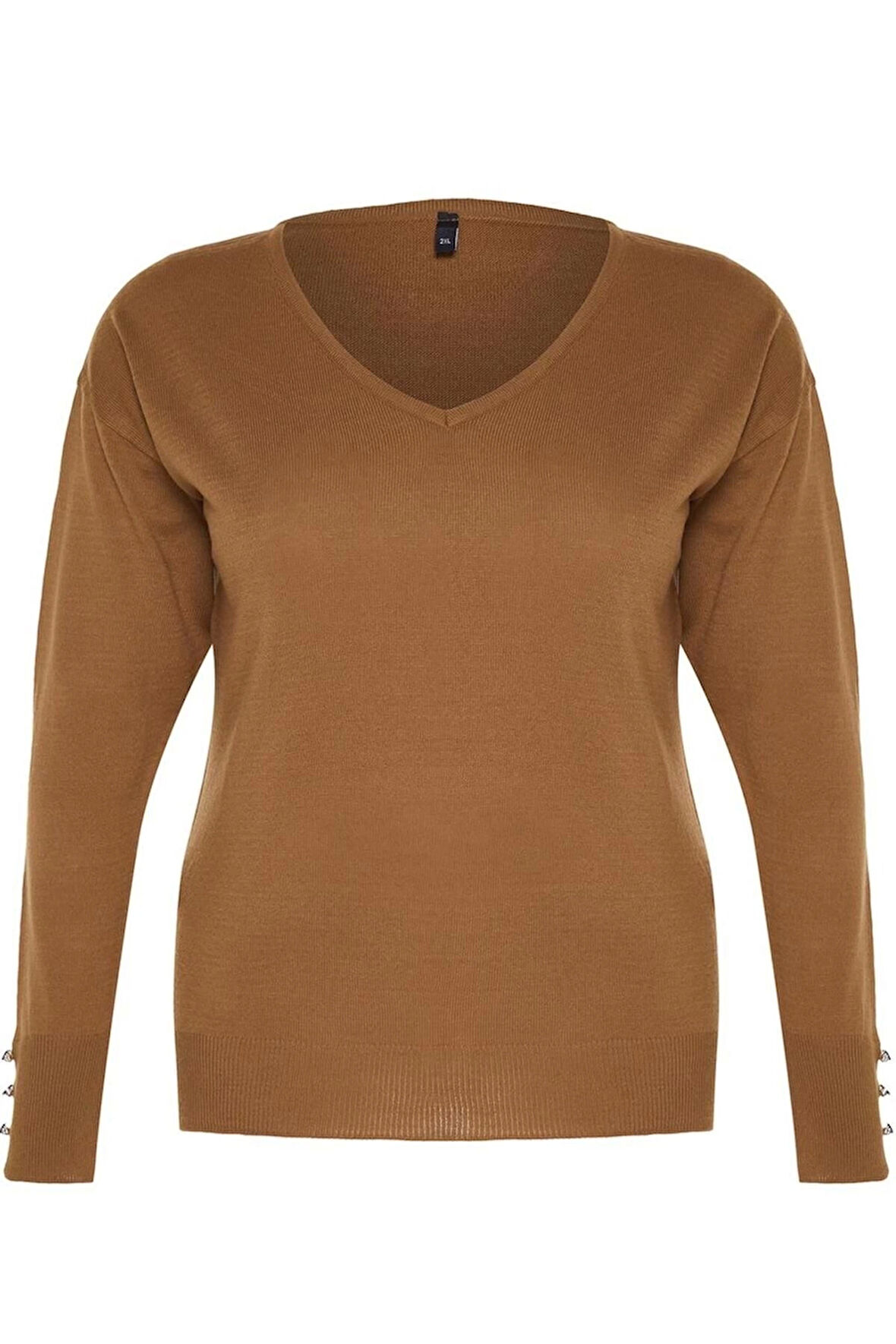 Kadın Büyük Beden Moda Şık Regular V Yaka Uzun Kol Düz Düğme Detaylı Triko Kazak