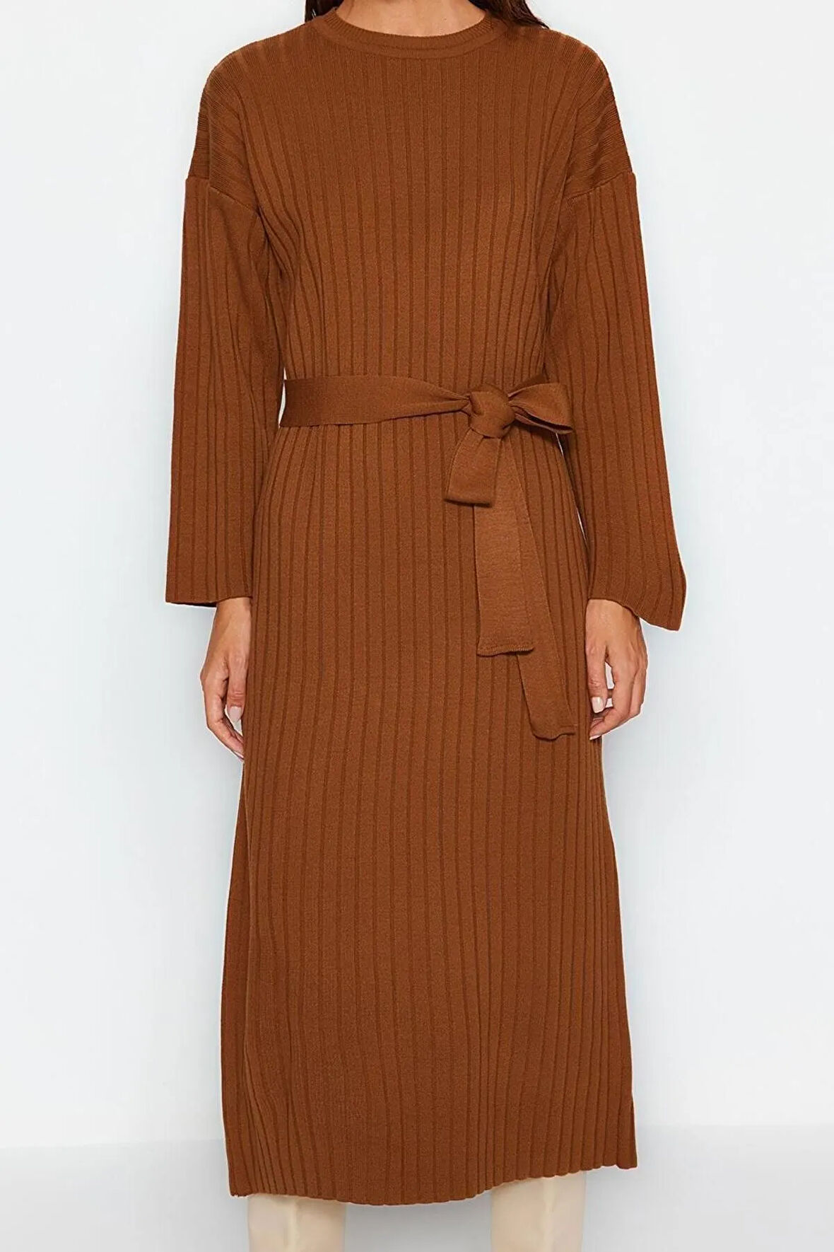 Yeni Rahat Günlük Ribana Kaşkorse Triko Bisiklet Yaka Uzun Kol A-Line Maxi Boy Tesettür Elbise