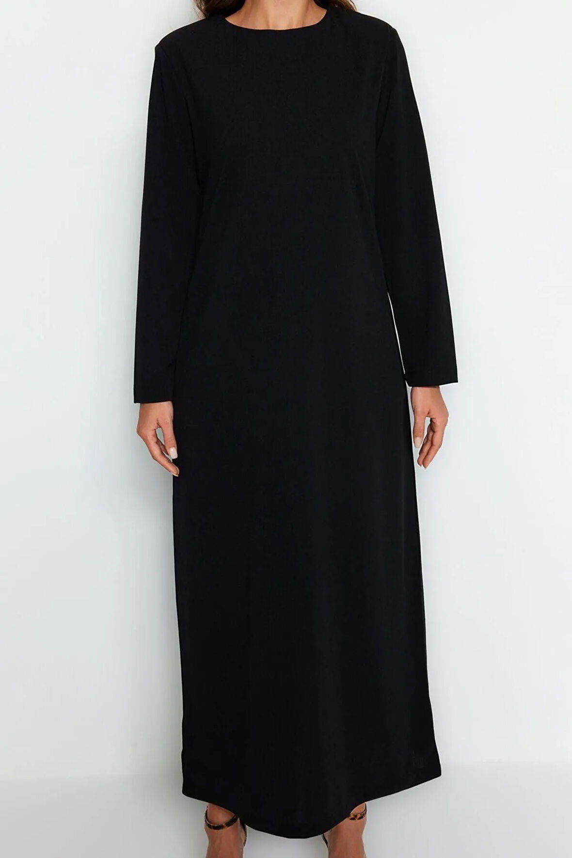 Yeni Rahat Casual Günlük Krep Örme Bisiklet Yaka Uzun Kol Straight Uzun Boy Tesettür Elbise