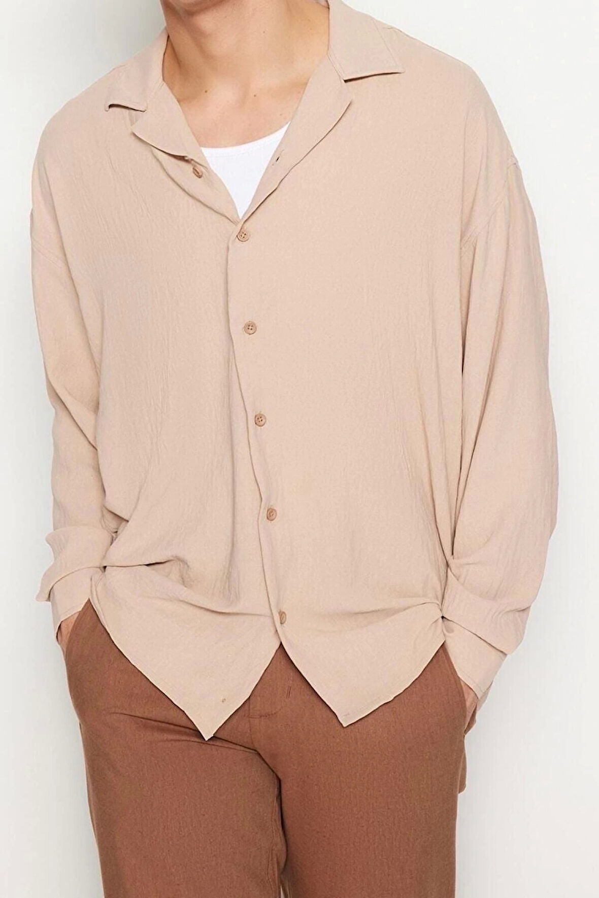 Erkek Moda Uzun Kol Dokuma Yeşil Oversize Fit Apaş Yaka Yazlık Keten Görünümlü Gömlek