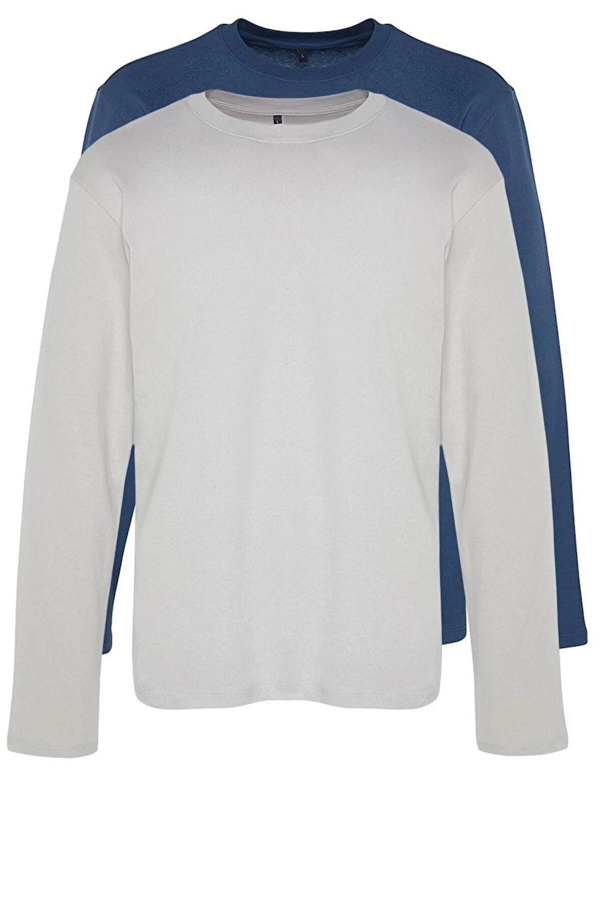 Yeni Sezon 2'li Paket Regular %100 Pamuk Bisiklet Yaka Uzun Kol Düz Desenli Günlük T-Shirt