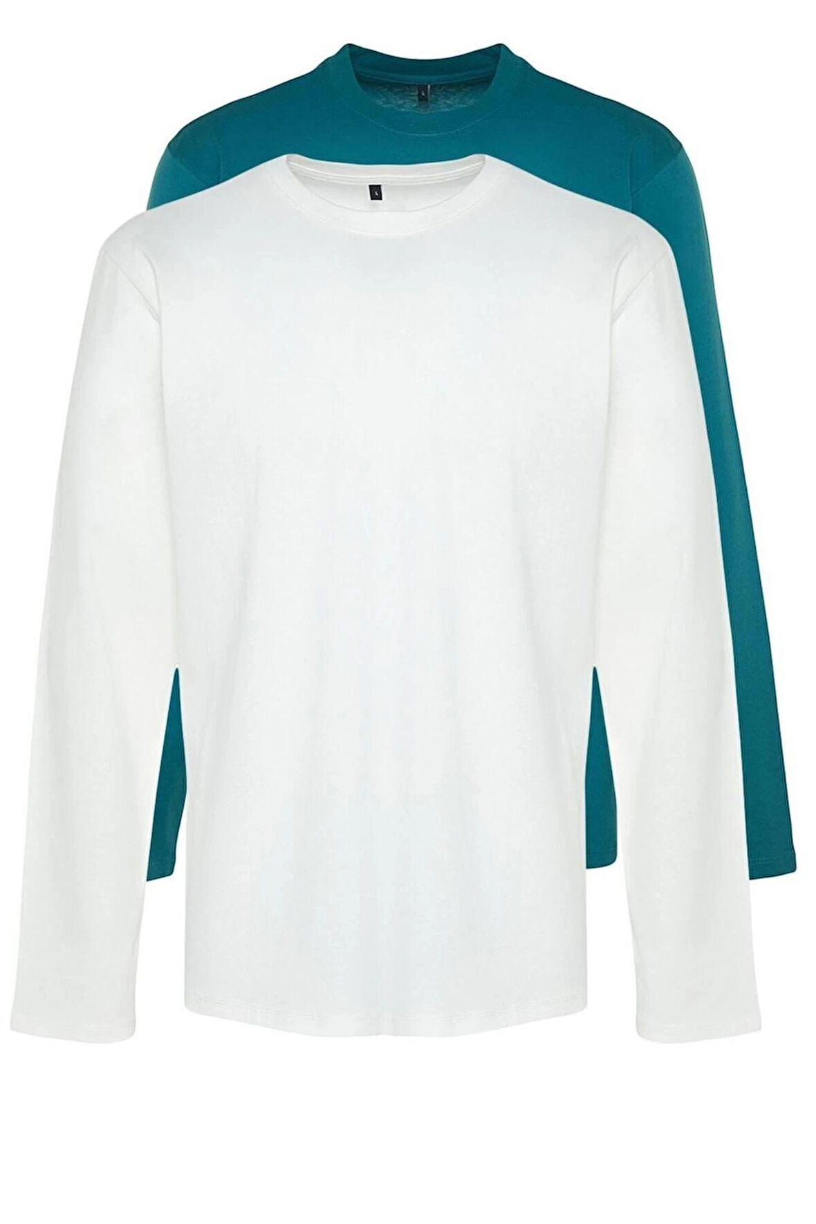 Yeni Sezon 2'li Paket Regular %100 Pamuk Bisiklet Yaka Uzun Kol Düz Desenli Günlük T-Shirt