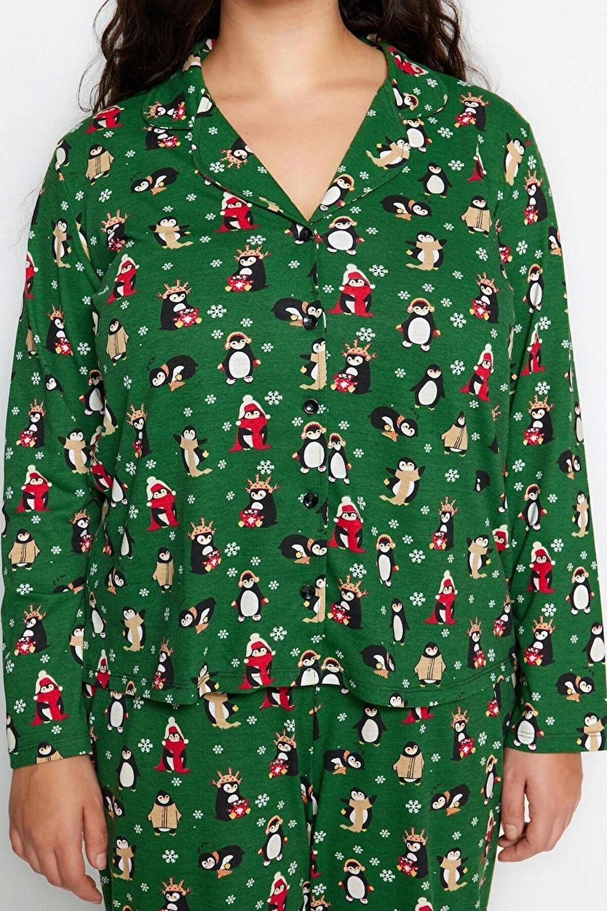 Büyük Beden Kadın Pamuk Polyester Gömlek Yaka Uzun Kol Gömlek Yaka Yılbaşı Temalı Örme Pijama Takımı