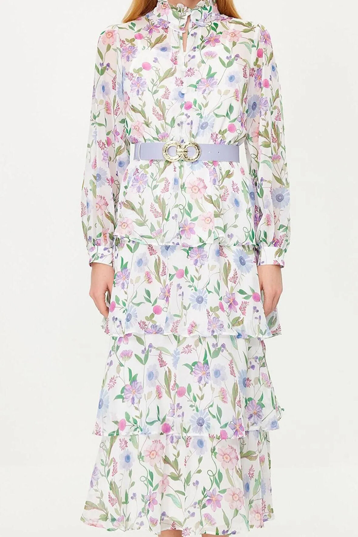 Yeni Regular Günlük Yoryo Şifon Dokuma Gömlek Yaka Uzun Kol Eteği Fırfırlı Maxi Boy Tesettür Elbise