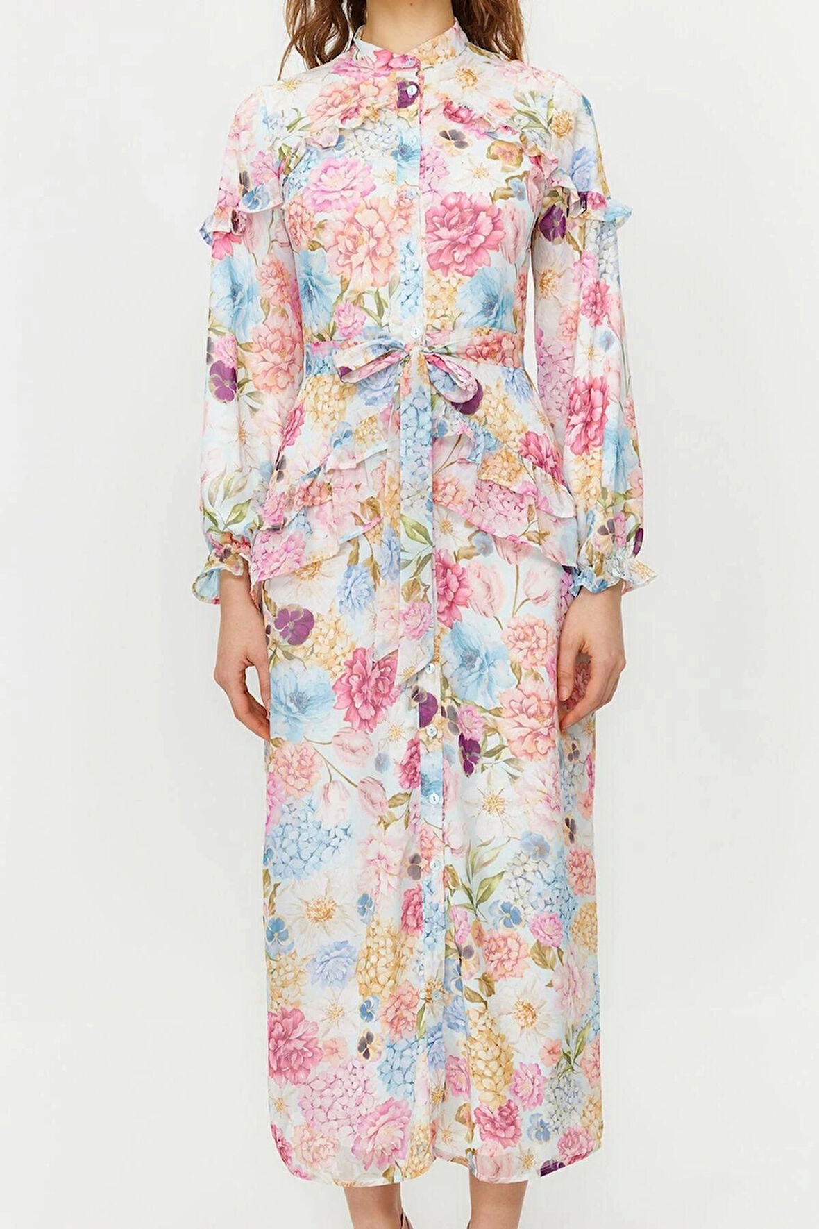 Kadın Moda Şık Tesettür Maxi Boy Dik Yaka Regular Çiçekli Fırfır Detaylı Astarlı Dokuma Şifon Elbise