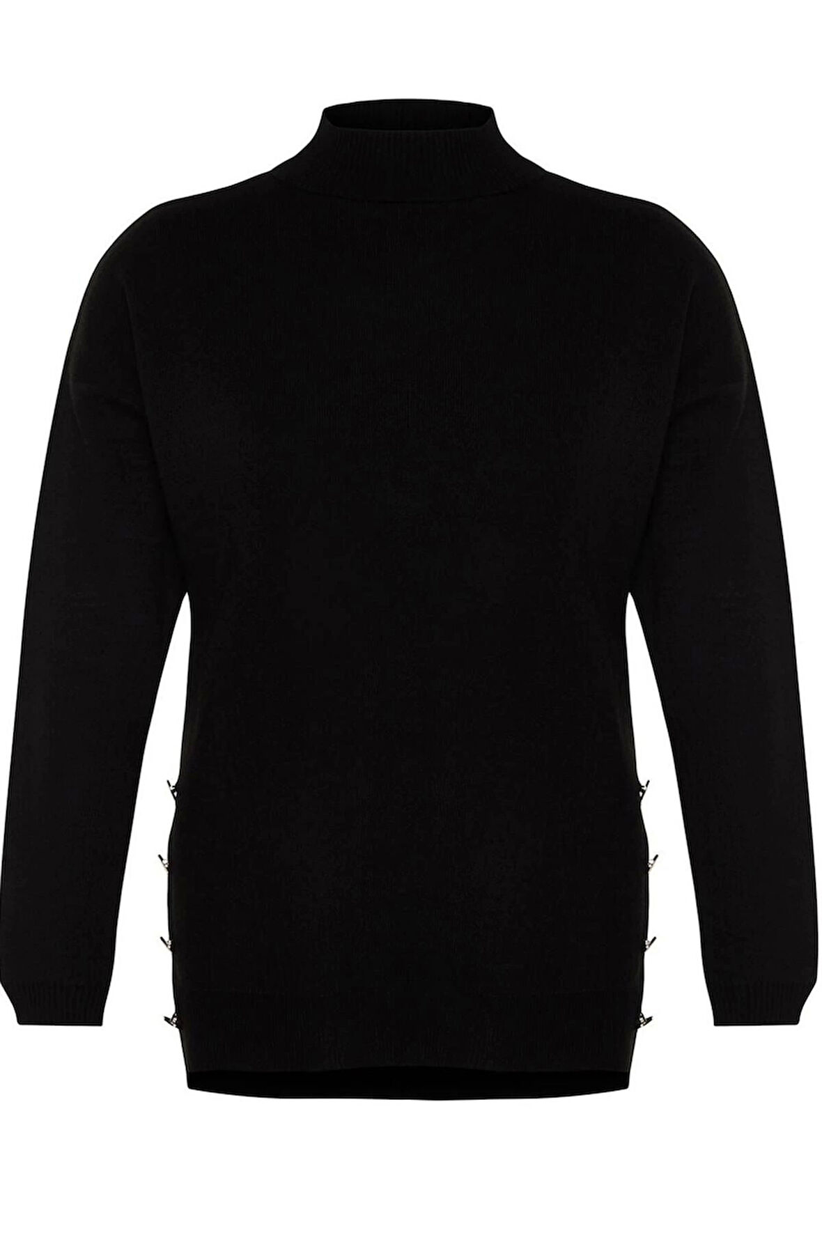 Kadın Büyük Beden Moda Şık Uzun Balıkçı Yaka Uzun Kol Düz Düğme Detaylı Balıkçı Yaka Triko Kazak