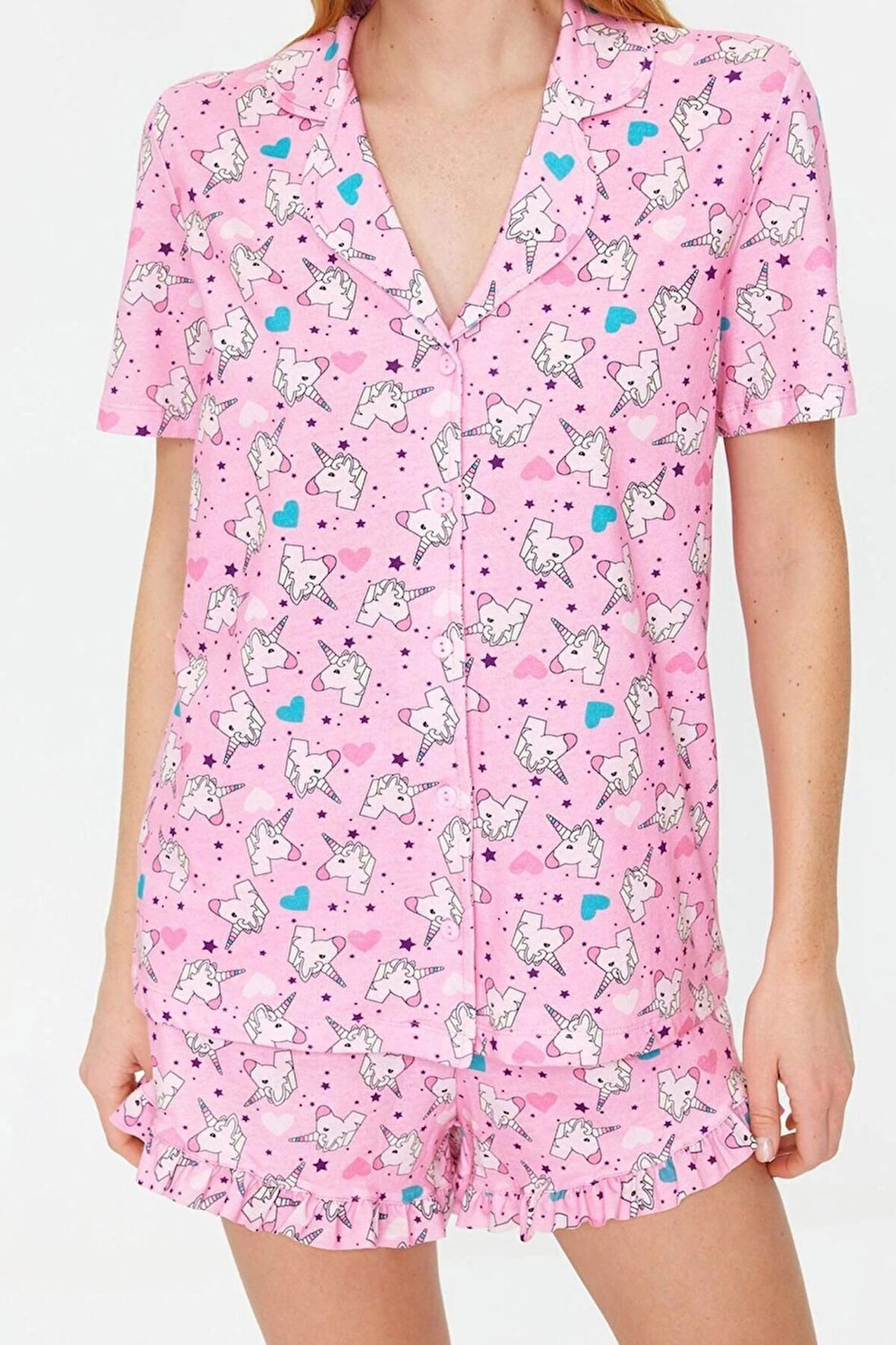 Kadın %100 Pamuk Ceket Yaka Kısa Kol %100 Pamuk Eğlenceli Desenli Gömlek-Şort Örme Pijama Takımı