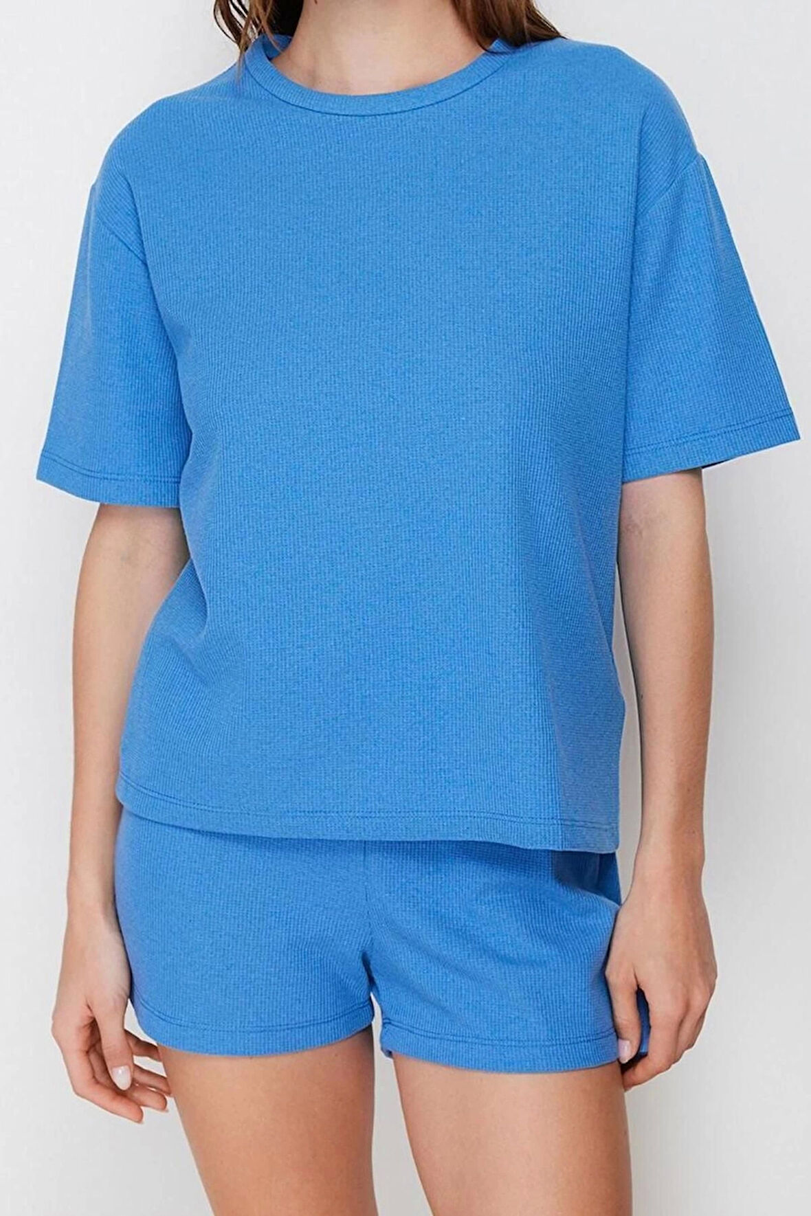 Kadın Pamuklu Bisiklet Yaka Kısa Kol Pamuklu Waffle Kumaş Örme Pijama Takımı