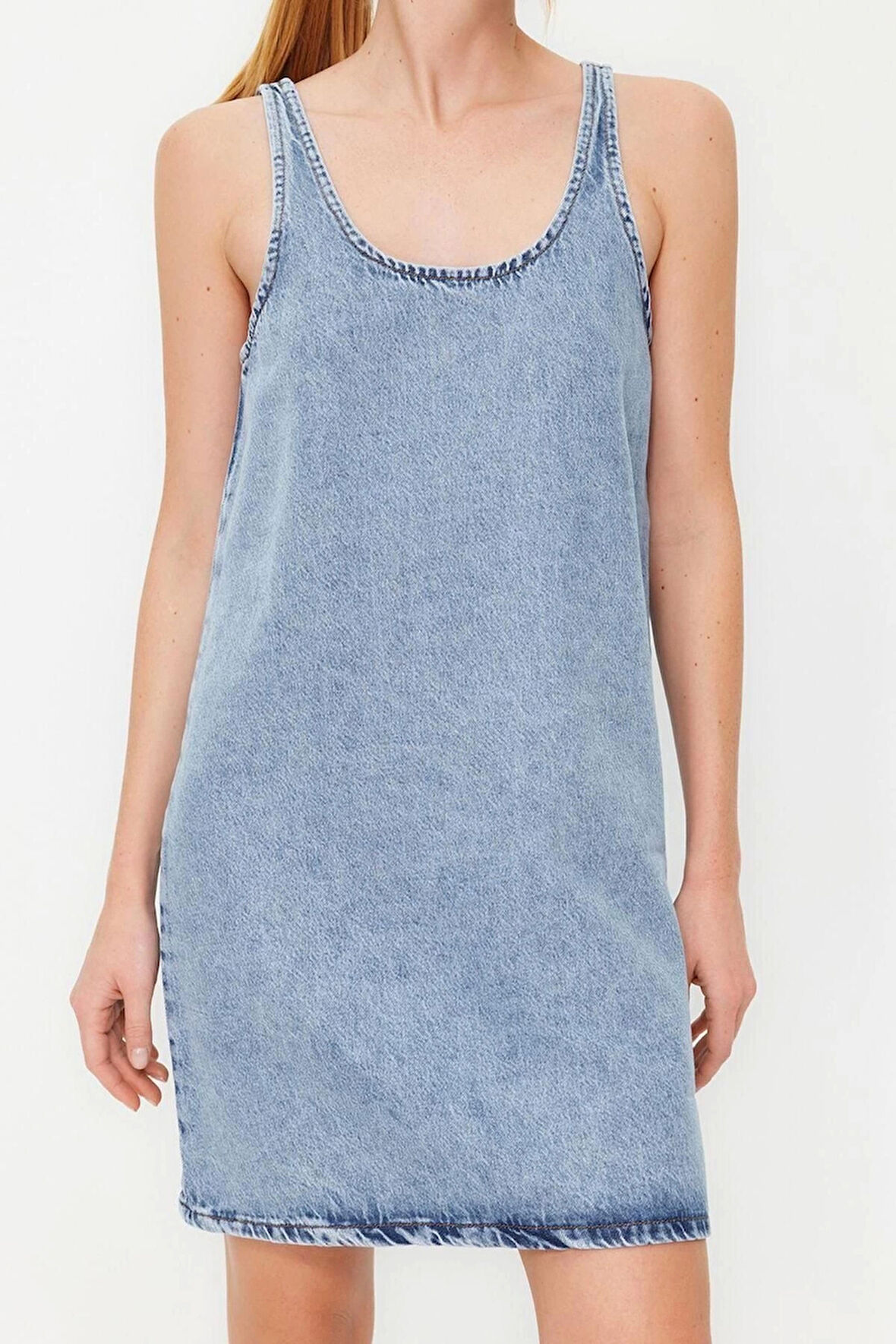 Yeni Rahat Casual Günlük Rigid Denim Bisiklet Yaka Askılı Kol Shift Maxi Boy Elbise